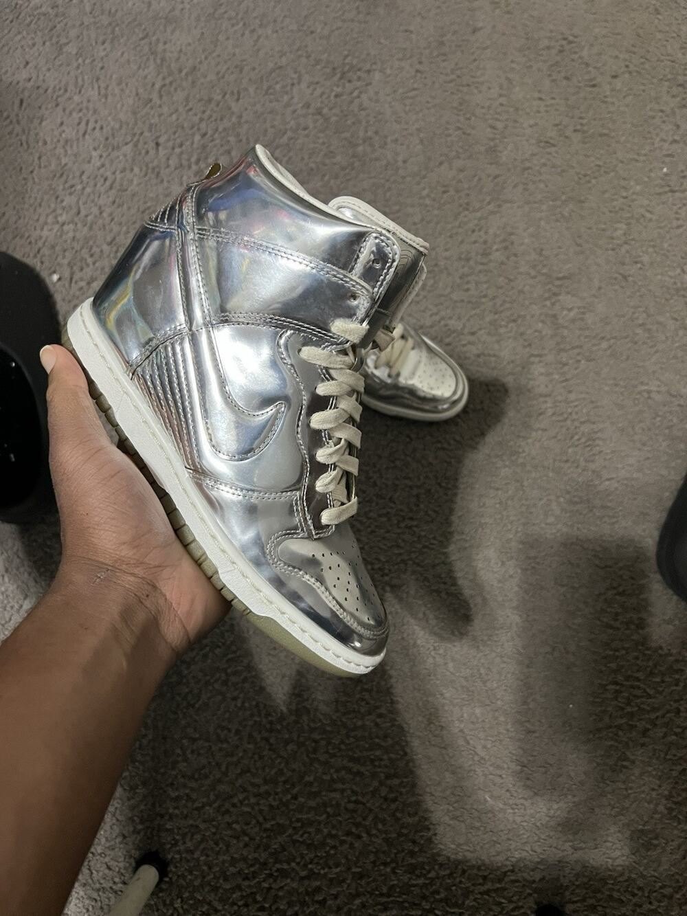 Size 6y- Nike Dunk Sky High Hidden Wedge Heel Metallic Liquid Silver Womens 7.5w
